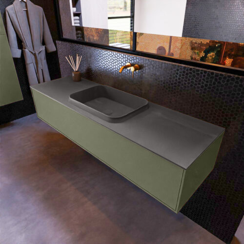 MONDIAZ ERIN 150cm mueble de baño color Army 1 cajón. Lavabo RIDGE Centro sin orificio color Dark Grey.