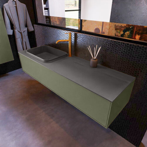 MONDIAZ ERIN 150cm mueble de baño color Army 1 cajón. Lavabo RIDGE Izquierda 1 orificio color Dark Grey.