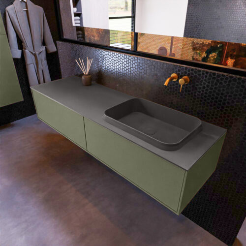 MONDIAZ ERIN 150cm mueble de baño color Army 2 cajones. Lavabo RIDGE Derecho sin orificio color Dark Grey.