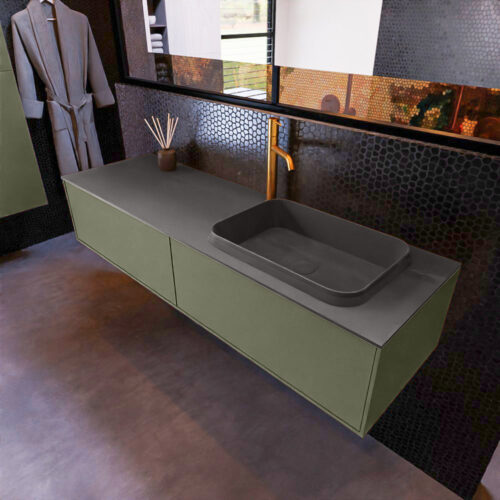 MONDIAZ ERIN 150cm mueble de baño color Army 2 cajones. Lavabo RIDGE Derecho 1 orificio color Dark Grey.