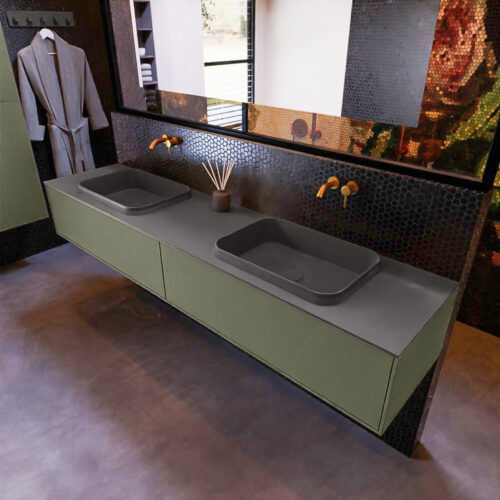 MONDIAZ ERIN 200cm mueble de baño color Army 2 cajones. Lavabo RIDGE Doble sin orificio color Dark Grey.