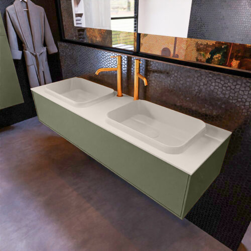 MONDIAZ ERIN 150cm mueble de baño color Army 1 cajón. Lavabo RIDGE Doble 2 orificios color Linen.