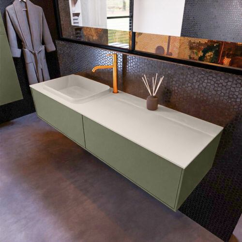 MONDIAZ ERIN 150cm mueble de baño color Army 2 cajones. Lavabo RIDGE Izquierda 1 orificio color Linen.