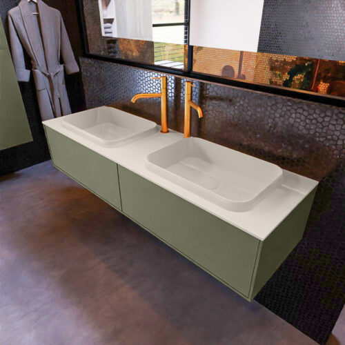 MONDIAZ ERIN 150cm mueble de baño color Army 2 cajones. Lavabo RIDGE Doble 2 orificios color Linen.