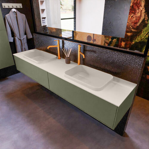 MONDIAZ ERIN 200cm mueble de baño color Army 2 cajones. Lavabo RIDGE Doble 2 orificios color Linen.