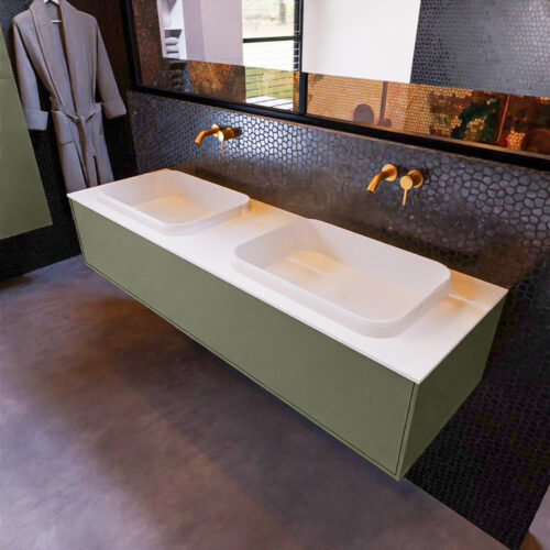 MONDIAZ ERIN 150cm mueble de baño color Army 1 cajón. Lavabo RIDGE Doble sin orificio color Talc.