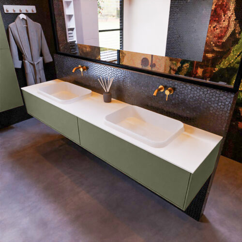 MONDIAZ ERIN 200cm mueble de baño color Army 2 cajones. Lavabo RIDGE Doble sin orificio color Talc.