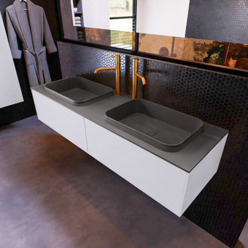 MONDIAZ ERIN 150cm mueble de baño color Cale 2 cajones. Lavabo RIDGE Doble 2 orificios color Dark Grey.