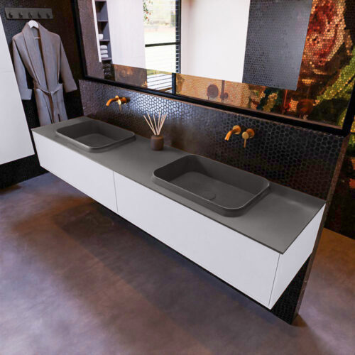 MONDIAZ ERIN 200cm mueble de baño color Cale 2 cajones. Lavabo RIDGE Doble sin orificio color Dark Grey.