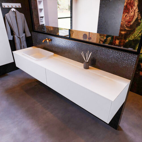 MONDIAZ ERIN 200cm mueble de baño color Cale 2 cajones. Lavabo RIDGE Izquierda sin orificio color Talc.