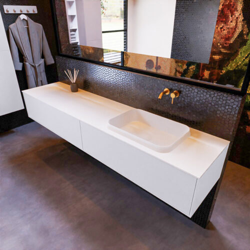 MONDIAZ ERIN 200cm mueble de baño color Cale 2 cajones. Lavabo RIDGE Derecho sin orificio color Talc.