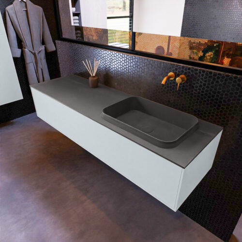 MONDIAZ ERIN 150cm mueble de baño color Clay 1 cajón. Lavabo RIDGE Derecho sin orificio color Dark Grey.