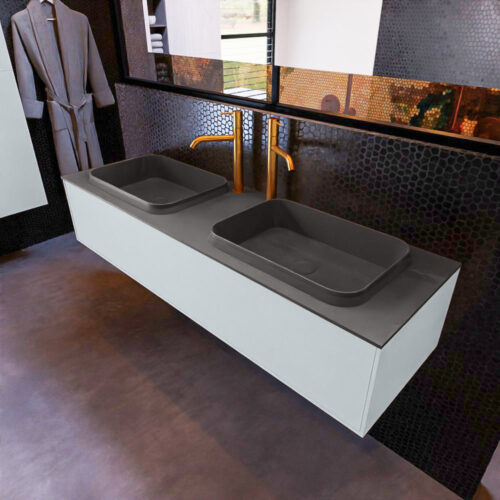 MONDIAZ ERIN 150cm mueble de baño color Clay 1 cajón. Lavabo RIDGE Doble 2 orificios color Dark Grey.