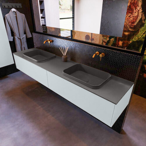 MONDIAZ ERIN 200cm mueble de baño color Clay 2 cajones. Lavabo RIDGE Doble sin orificio color Dark Grey.