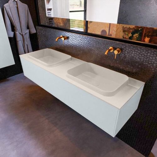 MONDIAZ ERIN 150cm mueble de baño color Clay 1 cajón. Lavabo RIDGE Doble sin orificio color Linen.