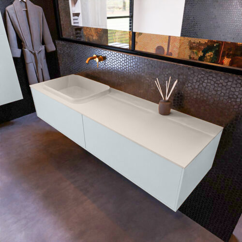 MONDIAZ ERIN 150cm mueble de baño color Clay 2 cajones. Lavabo RIDGE Izquierda sin orificio color Linen.