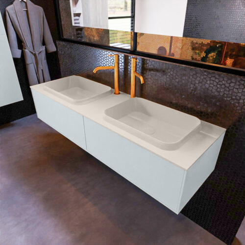 MONDIAZ ERIN 150cm mueble de baño color Clay 2 cajones. Lavabo RIDGE Doble 2 orificios color Linen.