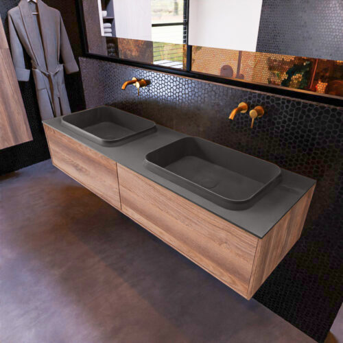 MONDIAZ ERIN 150cm mueble de baño color Dark Brown Grey 2 cajones. Lavabo RIDGE Doble sin orificio color Dark Grey.