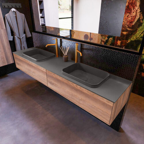 MONDIAZ ERIN 200cm mueble de baño color Dark Brown Grey 2 cajones. Lavabo RIDGE Doble 2 orificios color Dark Grey.