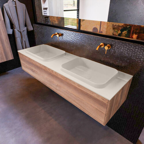 MONDIAZ ERIN 150cm mueble de baño color Dark Brown Grey 1 cajón. Lavabo RIDGE Doble sin orificio color Linen.