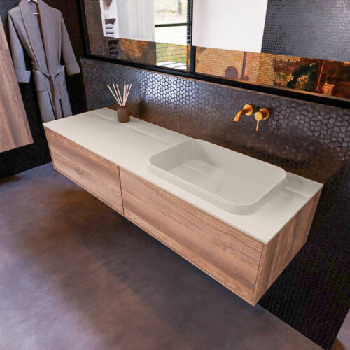 MONDIAZ ERIN 150cm mueble de baño color Dark Brown Grey 2 cajones. Lavabo RIDGE Derecho sin orificio color Linen.