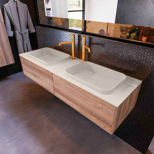 MONDIAZ ERIN 150cm mueble de baño color Dark Brown Grey 2 cajones. Lavabo RIDGE Doble 2 orificios color Linen.