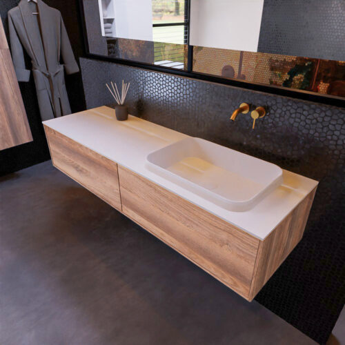 MONDIAZ ERIN 150cm mueble de baño color Dark Brown Grey 2 cajones. Lavabo RIDGE Derecho sin orificio color Talc.