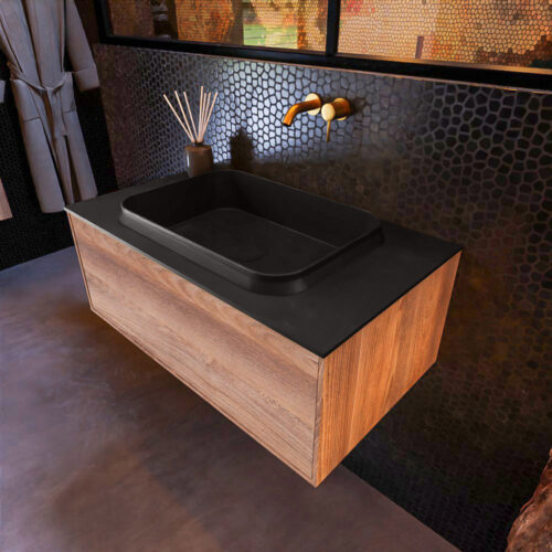 MONDIAZ ERIN 80cm mueble de baño color Dark Brown Grey 1 cajón. Lavabo RIDGE Centro sin orificio color Urban.