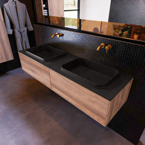 MONDIAZ ERIN 150cm mueble de baño color Dark Brown Grey 2 cajones. Lavabo RIDGE Doble sin orificio color Urban.