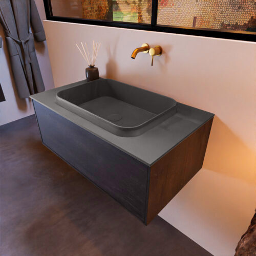 MONDIAZ ERIN 80cm mueble de baño color Dark Brown 1 cajón. Lavabo RIDGE Centro sin orificio color Dark Grey.