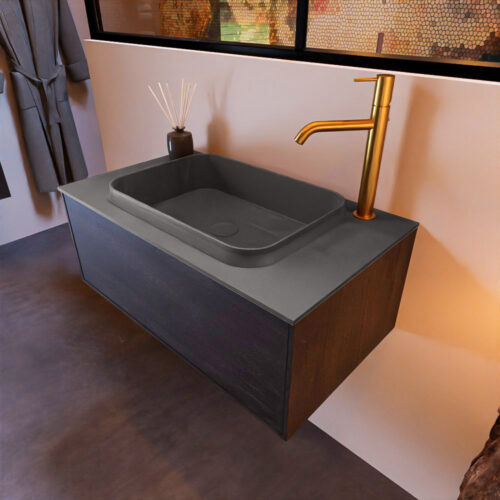 MONDIAZ ERIN 80cm mueble de baño color Dark Brown 1 cajón. Lavabo RIDGE Centro 1 orificio color Dark Grey.