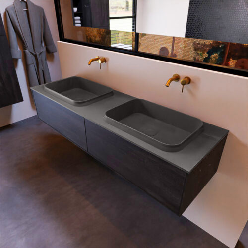 MONDIAZ ERIN 150cm mueble de baño color Dark Brown 2 cajones. Lavabo RIDGE Doble sin orificio color Dark Grey.