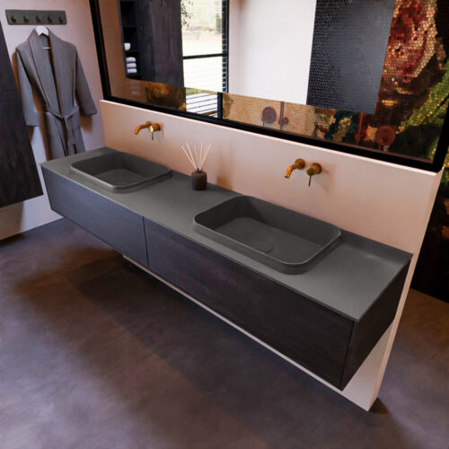 MONDIAZ ERIN 200cm mueble de baño color Dark Brown 2 cajones. Lavabo RIDGE Doble sin orificio color Dark Grey.