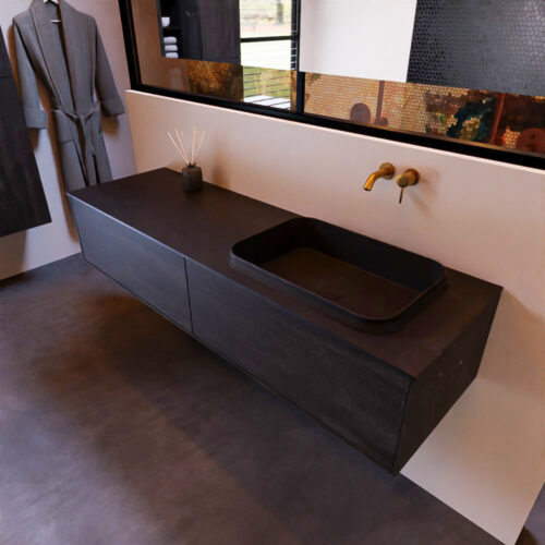 MONDIAZ ERIN 150cm mueble de baño color Dark Brown 2 cajones. Lavabo RIDGE Derecho sin orificio color Urban.