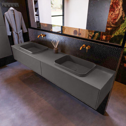 MONDIAZ ERIN 200cm mueble de baño color Dark Grey 2 cajones. Lavabo RIDGE Doble sin orificio color Dark Grey.