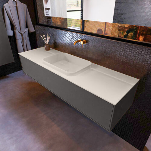 MONDIAZ ERIN 150cm mueble de baño color Dark Grey 1 cajón. Lavabo RIDGE Centro sin orificio color Linen.