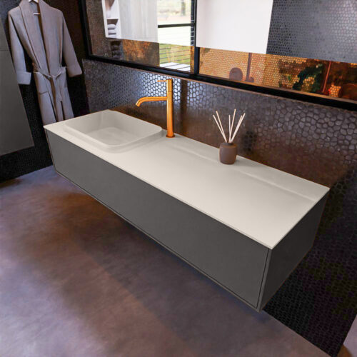 MONDIAZ ERIN 150cm mueble de baño color Dark Grey 1 cajón. Lavabo RIDGE Izquierda 1 orificio color Linen.