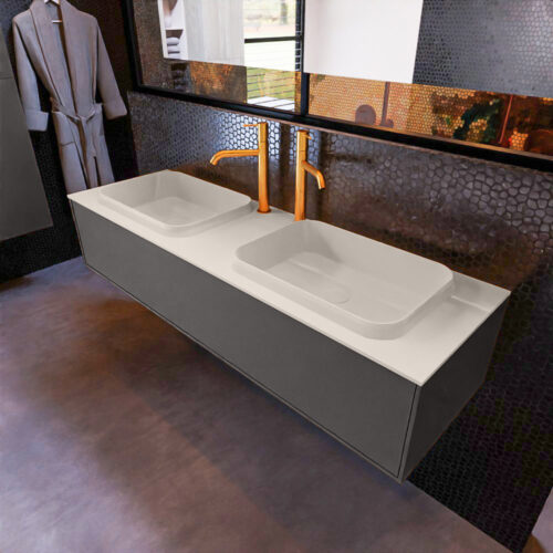 MONDIAZ ERIN 150cm mueble de baño color Dark Grey 1 cajón. Lavabo RIDGE Doble 2 orificios color Linen.