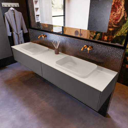 MONDIAZ ERIN 200cm mueble de baño color Dark Grey 2 cajones. Lavabo RIDGE Doble sin orificio color Linen.