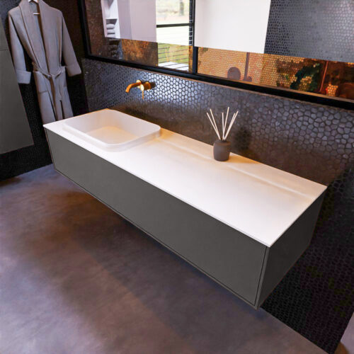 MONDIAZ ERIN 150cm mueble de baño color Dark Grey 1 cajón. Lavabo RIDGE Izquierda sin orificio color Talc.