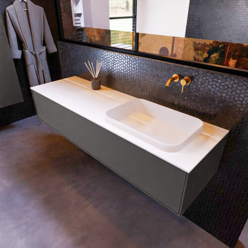 MONDIAZ ERIN 150cm mueble de baño color Dark Grey 1 cajón. Lavabo RIDGE Derecho sin orificio color Talc.