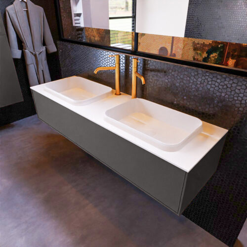 MONDIAZ ERIN 150cm mueble de baño color Dark Grey 1 cajón. Lavabo RIDGE Doble 2 orificios color Talc.