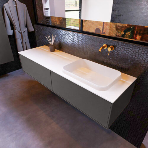 MONDIAZ ERIN 150cm mueble de baño color Dark Grey 2 cajones. Lavabo RIDGE Derecho sin orificio color Talc.