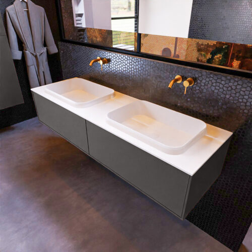 MONDIAZ ERIN 150cm mueble de baño color Dark Grey 2 cajones. Lavabo RIDGE Doble sin orificio color Talc.