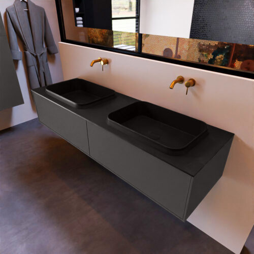 MONDIAZ ERIN 150cm mueble de baño color Dark Grey 2 cajones. Lavabo RIDGE Doble sin orificio color Urban.