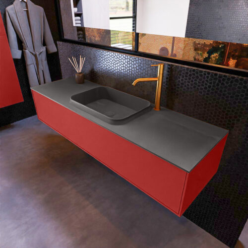 MONDIAZ ERIN 150cm mueble de baño color Fire 1 cajón. Lavabo RIDGE Centro 1 orificio color Dark Grey.