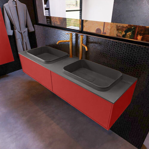 MONDIAZ ERIN 150cm mueble de baño color Fire 2 cajones. Lavabo RIDGE Doble 2 orificios color Dark Grey.