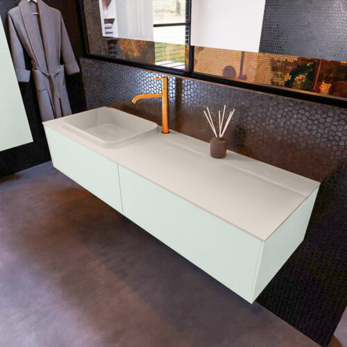 MONDIAZ ERIN 150cm mueble de baño color Greey 2 cajones. Lavabo RIDGE Izquierda 1 orificio color Linen.