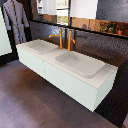 MONDIAZ ERIN 150cm mueble de baño color Greey 2 cajones. Lavabo RIDGE Doble 2 orificios color Linen.