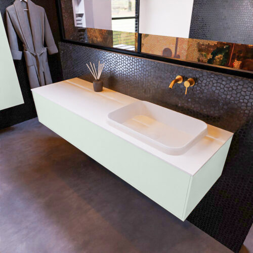 MONDIAZ ERIN 150cm mueble de baño color Greey 1 cajón. Lavabo RIDGE Derecho sin orificio color Talc.